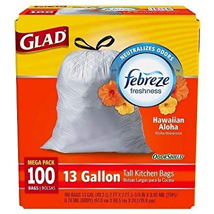 Glad 100 Count Mega Pack 13 Gallon Tall White Trash Bags Drawstring With OdorShield, Febreze Freshness and Hawaiian Aloha Scent