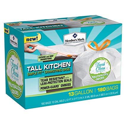 Member's Mark Tall Kitchen Simple Fit Drawstring Bags with Fresh Clean Scent (13 Gal., 180-Ct.)