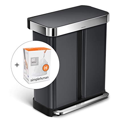 simplehuman 58L Dual Bucket Rectangular Recycling Step Trash Can with Liner Pocket, Black Stainless Steel, with 60 pack custom fit liner code H