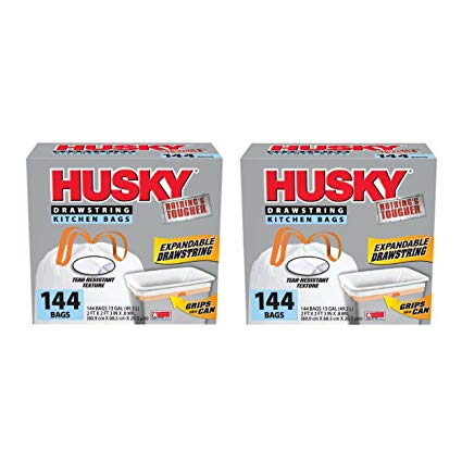 Husky 13 Gal Exp Drawstring 144 Ct White Tall Kitchen Bag - 2 Pack