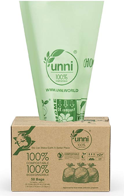 UNNI ASTM6400 Certified 100% Compostable Bags, 13 Gallon, 100 Count,Heavy Duty 0.85 Mils,Tall Kitchen Food Scraps Yard Waste Compost Bags,US BPI and European VINCOTTE OK HOME Certified | San Francisco