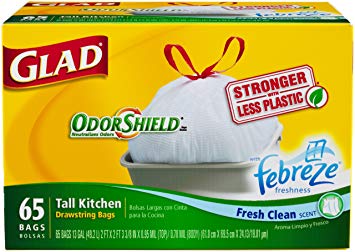 Glad Tall Kitchen Drawstring Clean Scent Odorshield Garbage Bags, 65 Count