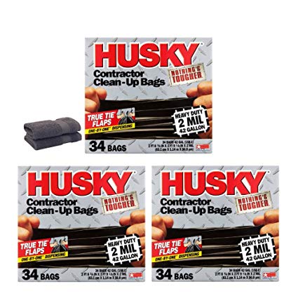 Husky 42 Gal Flap Tie 34 Ct Black Contractor Bag - 3 Pack with 2 Towels