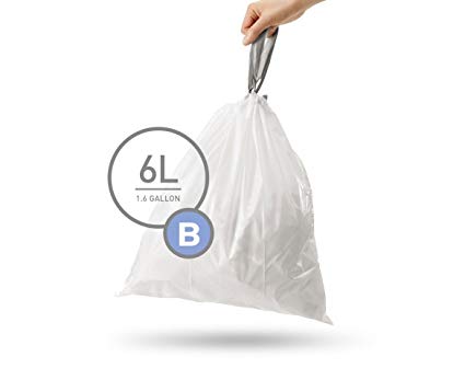 simplehuman Code B Custom Fit Liners, Drawstring Wastebasket Bags, 6 Liter / 1.6 Gallon, 12 Refill Packs (360 Count)
