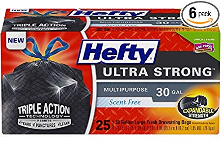 Hefty Ultra Strong Large Trash Bags (Multipurpose, Drawstring, 30 Gallon, 25 Count, Pack of 6) - Packaging May Vary