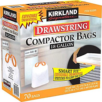 Kirkland Signature Compactor Kitchen Trash Bag with Gripping Drawstring Secure 18 Gallon 70 ct Smart Fit Gripping Drawstring Garbage Bin