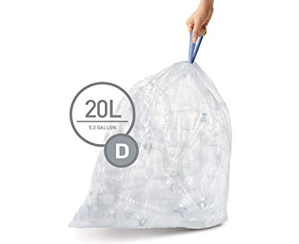 simplehuman Code D Custom Fit Recycling Liners, Drawstring Trash Bags, 20 Liter / 5.2 Gallon, 12 Refill Packs (240 Count), Clear