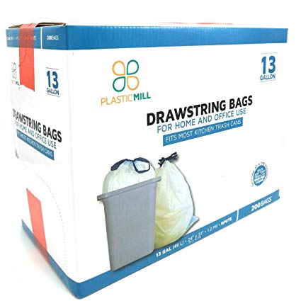 PlasticMill 13 Gallon, Extra Tall, Drawstring, White, 1.2 Mil, 24x31, 200 Bags/Case, Extra Tall, Garbage Bags/Trash Can Liners.