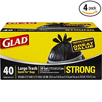 Glad Strong Quick-Tie Large Trash Bags - 30 Gallon - 40 Count (Pack of 4) (Packaging May Vary)