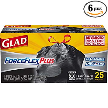 Glad ForceFlex Extra Strong Outdoor Drawstring Large Trash Bags, 30 Gallon, 25 Count (Pack of 6)