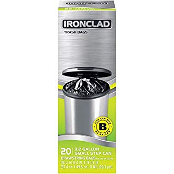 Ironclad 12L Drawstring Small Step Can Trash Bag Liner (3.2 Gal / 12 L) Size B, 20 Count, Pack of 4