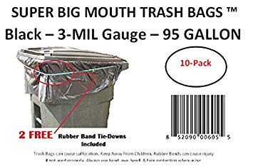 95 Gallon Super Big Mouth Trash Bags 10-Pack Plus 2 Free Rubber Tie Down Band
