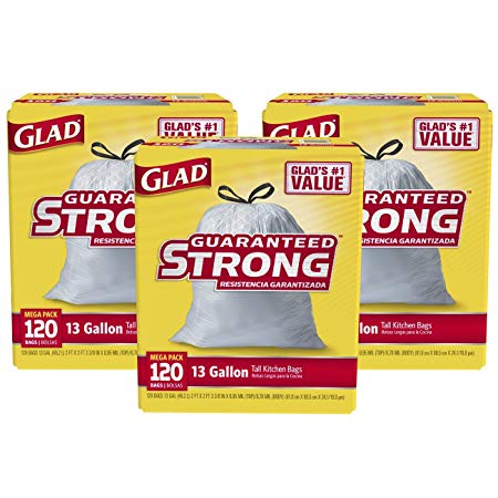 Glad Tall Kitchen Drawstring Trash Bags, 13 Gallon, 120 Count (Pack of 3)