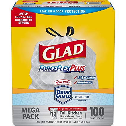 Glad ForceFlexPlus Tall Kitchen Drawstring Trash Bags - Unscented -13 Gallon - 100 Count (70427) (4 Pack)