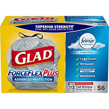Glad ForceFlexPlus Advanced Protection Tall Kitchen Drawstring Trash Bags - Febreze Fresh Clean -13...