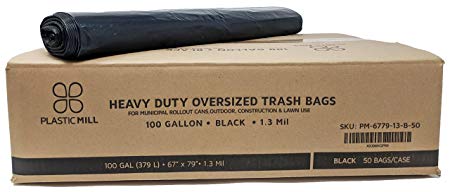 PlasticMill 100 Gallon, Black, 1.3 Mil, 67x79, 50 Bags/Case, Garbage Bags/Trash Can Liners.